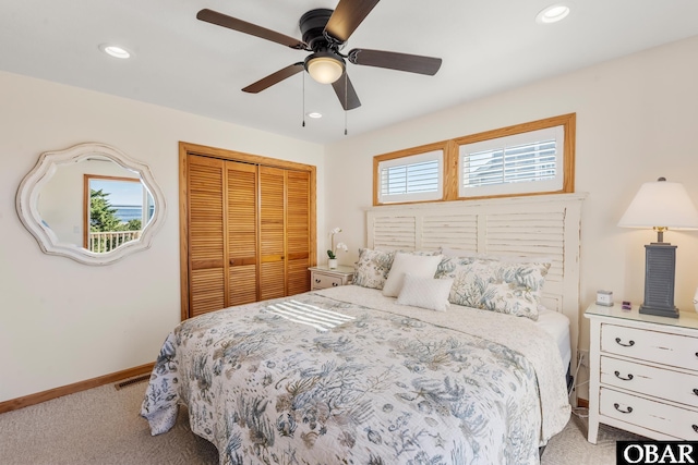 23014 Cross Of Honor Way Lot 20, Rodanthe, NC 27968 - carpeted bedroom featuring a closet, baseboards, recessed lighting, and ceiling fan