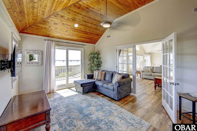 23014 Cross Of Honor Way Lot 20, Rodanthe, NC 27968 - living room featuring wood ceiling, french doors, a ceiling fan, wood finished floors, and high vaulted ceiling