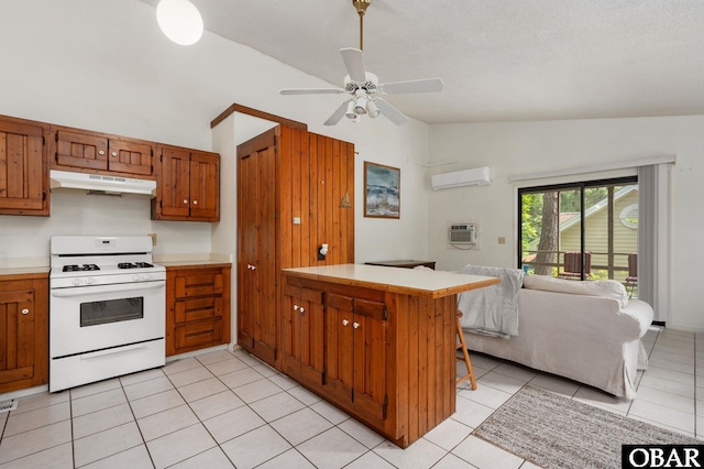 520 W Ocean Acres Dr Lot 36, Kill Devil Hills, NC 27948 - kitchen featuring white gas range oven, vaulted ceiling, under cabinet range hood, open floor plan, and a wall mounted AC