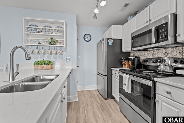 kitchen featuring white cabinets, appliances with stainless steel finishes, a sink, light wood-type flooring, and visible vents