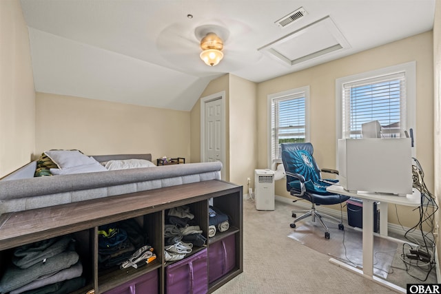 1108 Cambridge Rd Unit 307-A, Kill Devil Hills, NC 27948 - bedroom with attic access, light colored carpet, an office area, and vaulted ceiling