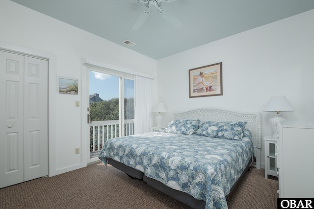 carpeted bedroom with access to exterior, visible vents, ceiling fan, and baseboards