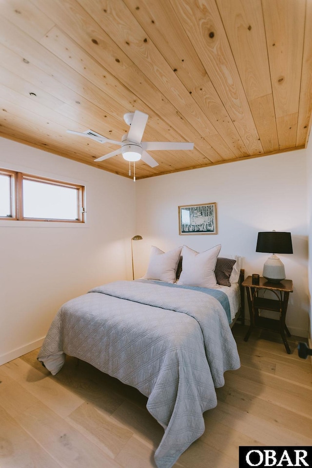 bedroom with wood ceiling, baseboards, and wood finished floors