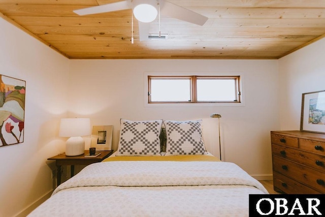 bedroom with wooden ceiling, baseboards, wood finished floors, and ceiling fan