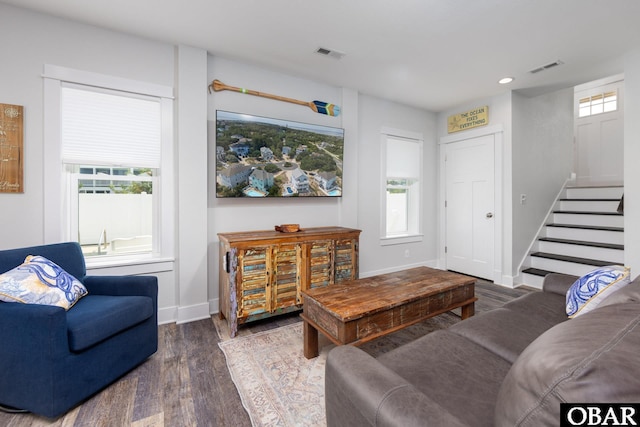 1206 Windance Ln Lot 103, Corolla, NC 27927 - living area featuring wood finished floors, stairs, baseboards, and recessed lighting