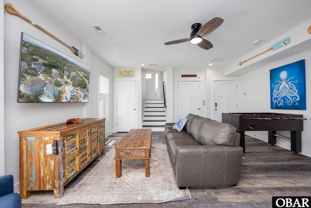 1206 Windance Ln Lot 103, Corolla, NC 27927 - living room featuring wood finished floors, stairway, a ceiling fan, baseboards, and recessed lighting