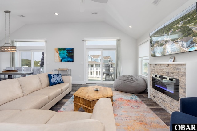 1206 Windance Ln Lot 103, Corolla, NC 27927 - living room featuring dark wood-type flooring, healthy amount of natural light, a fireplace, ceiling fan, and recessed lighting