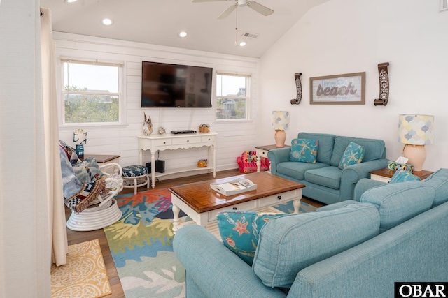 631 Skimmer Ct Lot 17, Corolla, NC 27927 - living room featuring wood finished floors, recessed lighting, ceiling fan, and lofted ceiling
