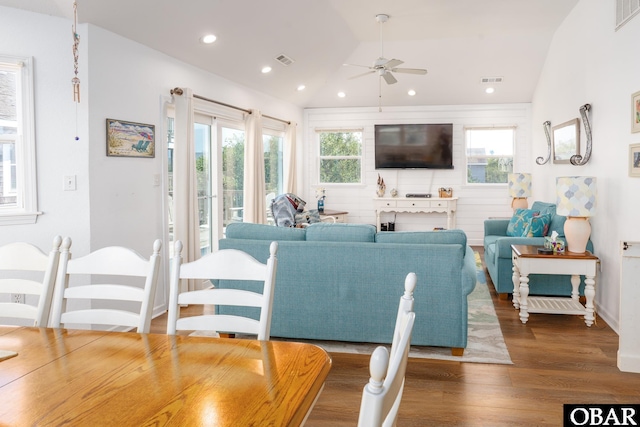 631 Skimmer Ct Lot 17, Corolla, NC 27927 - dining space with a ceiling fan, lofted ceiling, wood finished floors, and recessed lighting