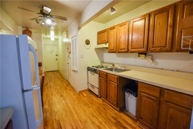 kitchen featuring white appliances, light wood-style floors, light countertops, under cabinet range hood, and a sink