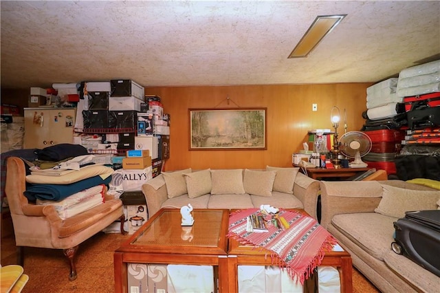 living room with wooden walls