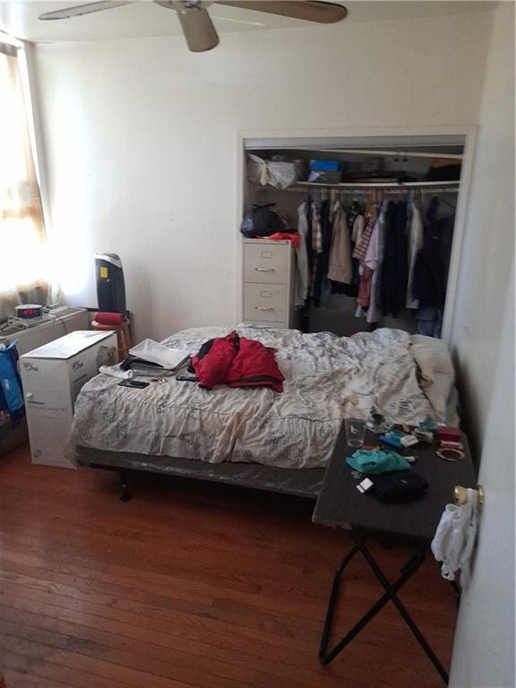 bedroom with ceiling fan, a closet, and hardwood / wood-style flooring