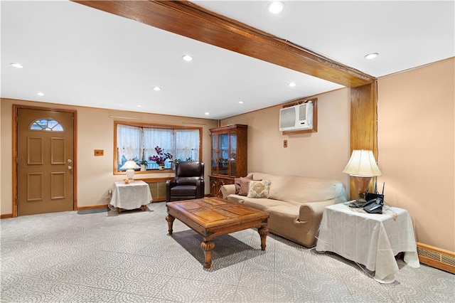 living room featuring carpet, a wall unit AC, recessed lighting, beamed ceiling, and baseboards