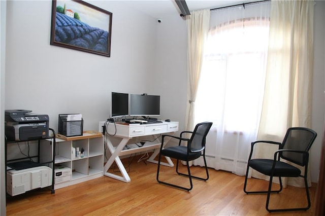 home office with hardwood / wood-style floors