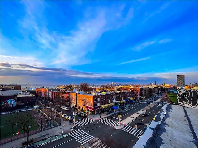 view of aerial view at dusk