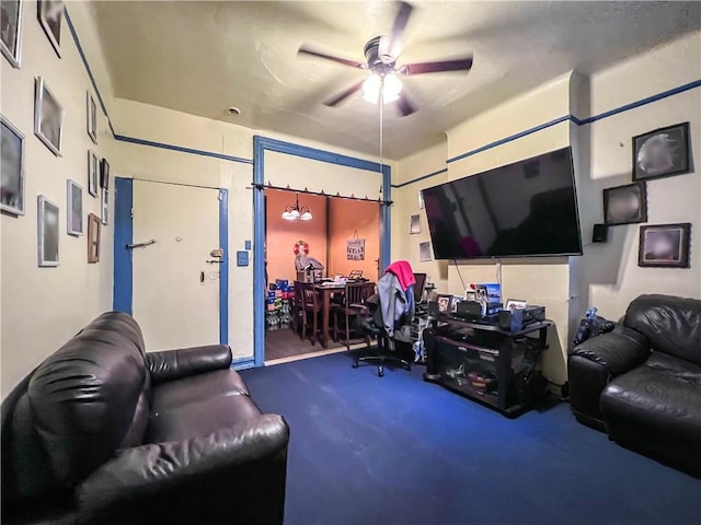 living room featuring carpet flooring and ceiling fan