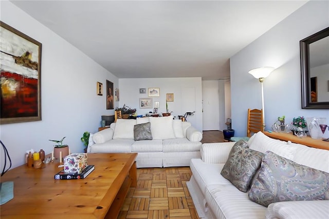 living room with parquet floors