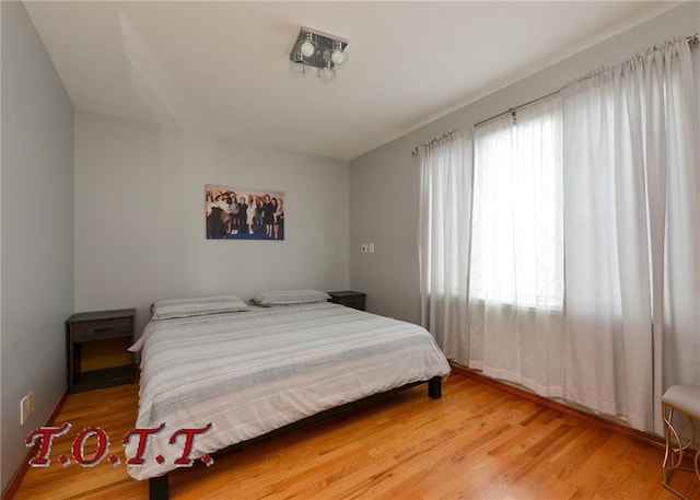 bedroom featuring wood-type flooring and multiple windows