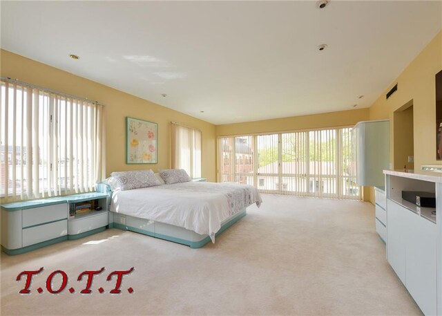 bedroom featuring light carpet and access to outside