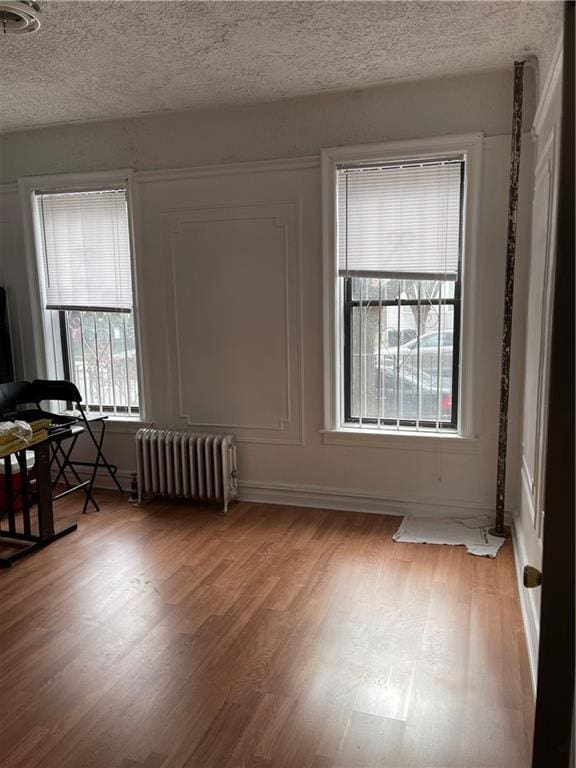 unfurnished room featuring radiator heating unit, light wood-type flooring, a healthy amount of sunlight, and a textured ceiling