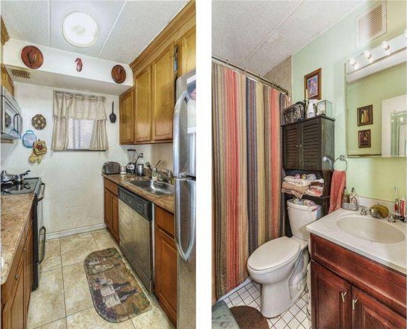 kitchen with a textured ceiling, light tile patterned floors, sink, and appliances with stainless steel finishes