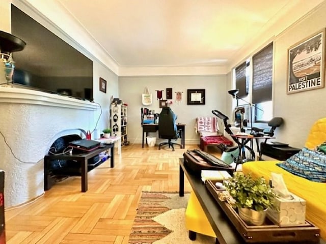 8020 4th Ave Unit D5, Brooklyn, NY 11209 - living room featuring an office area and ornamental molding