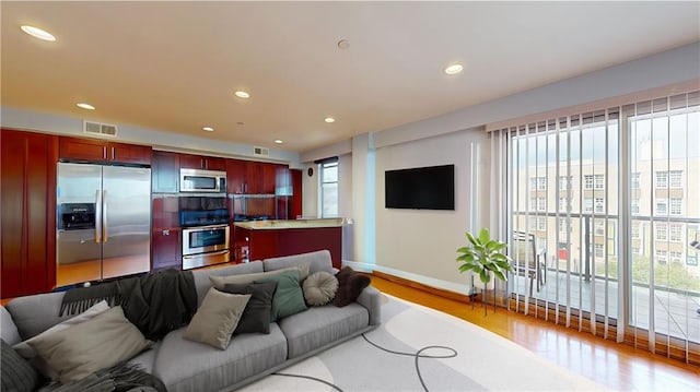 living room with a healthy amount of sunlight and light hardwood / wood-style flooring