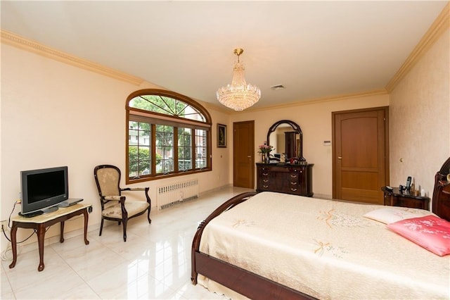 bedroom featuring radiator heating unit, crown molding, and a notable chandelier