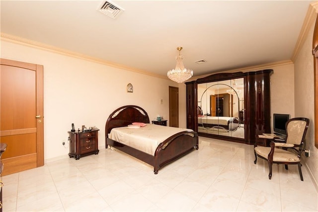 bedroom with ornamental molding and an inviting chandelier