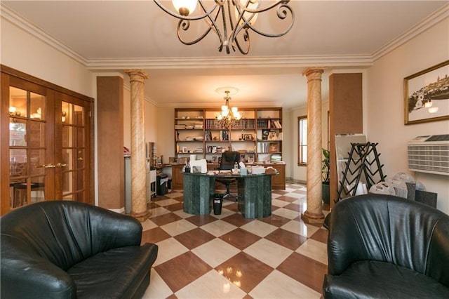 home office featuring french doors, crown molding, and decorative columns