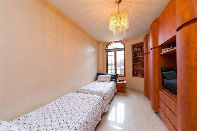 bedroom featuring an inviting chandelier, light tile patterned floors, and crown molding