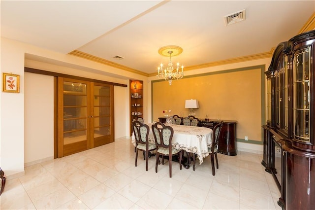 tiled dining space with french doors, a notable chandelier, and ornamental molding