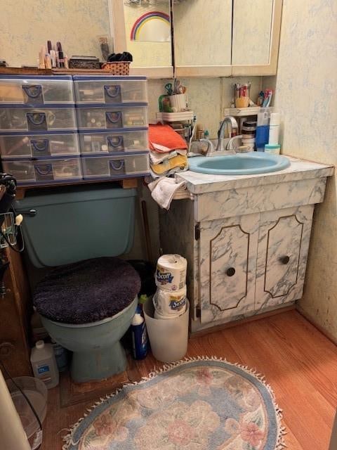 bathroom with vanity, toilet, and wood finished floors