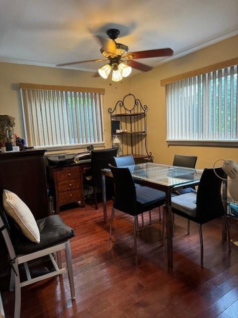 office space with dark wood finished floors and ceiling fan