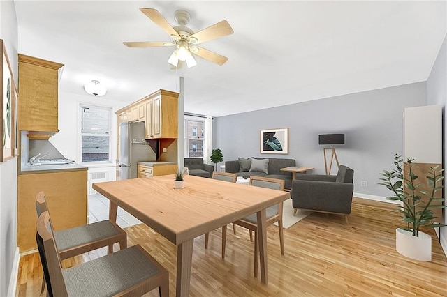 dining room with light wood-type flooring, baseboards, and a ceiling fan