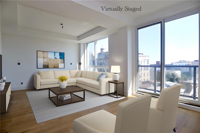 living area featuring a view of city, baseboards, a raised ceiling, and wood finished floors