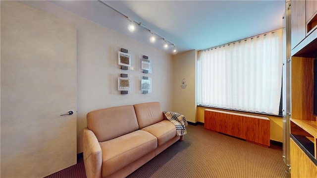 living room featuring carpet, radiator heating unit, and track lighting