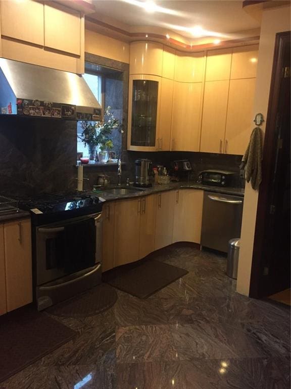 kitchen featuring exhaust hood, sink, light brown cabinetry, and stainless steel appliances