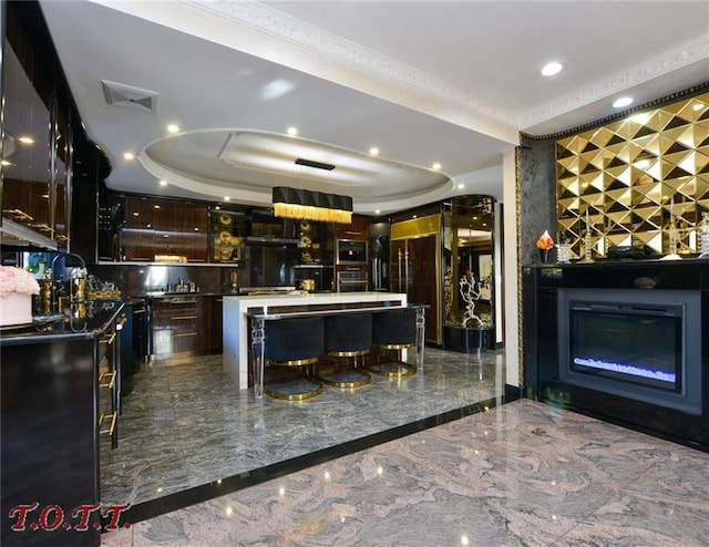 bar featuring a raised ceiling, crown molding, and dark brown cabinets