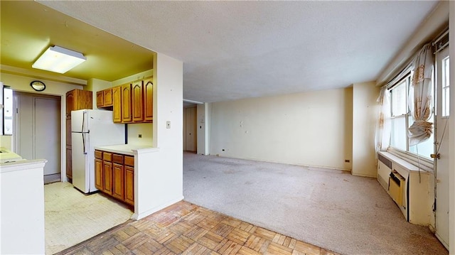 kitchen with white refrigerator and light colored carpet