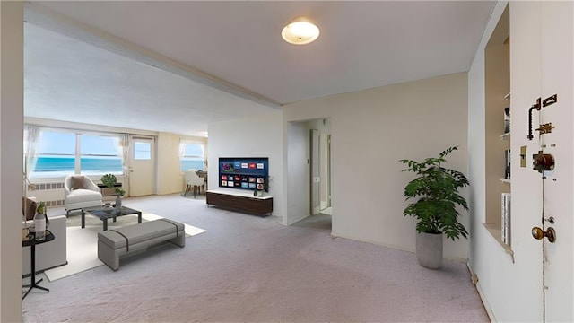 carpeted living room with a water view