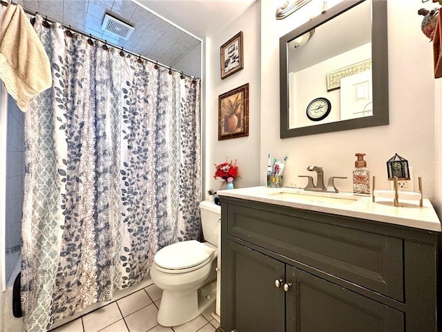 bathroom featuring vanity, visible vents, tile patterned flooring, curtained shower, and toilet