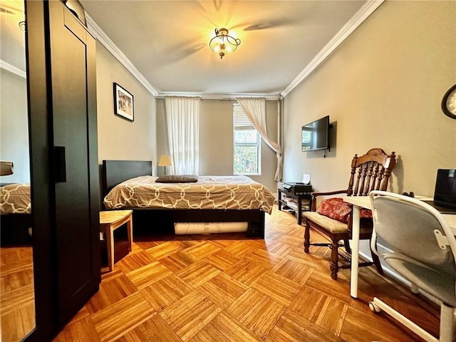 bedroom with crown molding