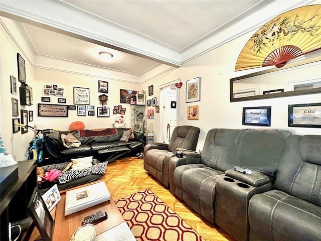 living room with crown molding