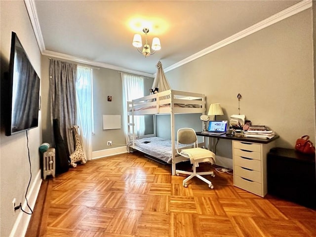 bedroom with baseboards, radiator, an inviting chandelier, and ornamental molding