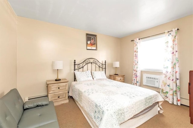 carpeted bedroom featuring a baseboard radiator and a wall mounted air conditioner