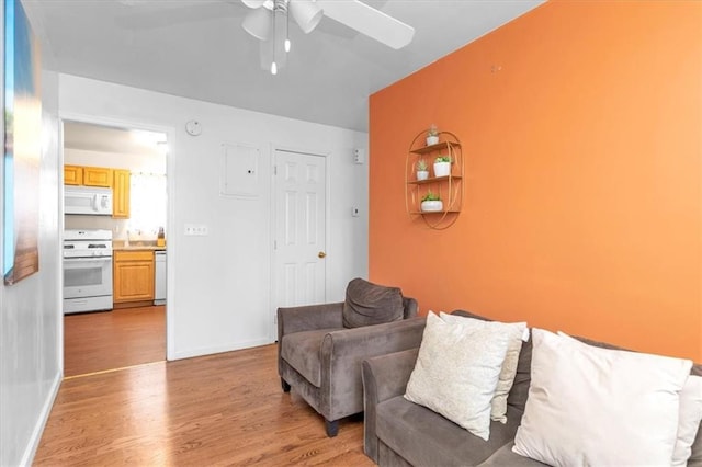 living room with ceiling fan and light hardwood / wood-style flooring