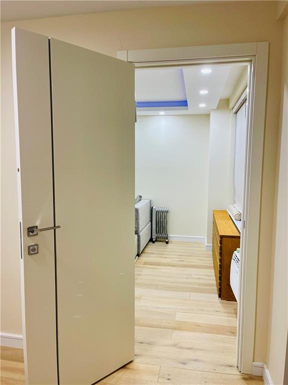 hall featuring radiator and light hardwood / wood-style flooring