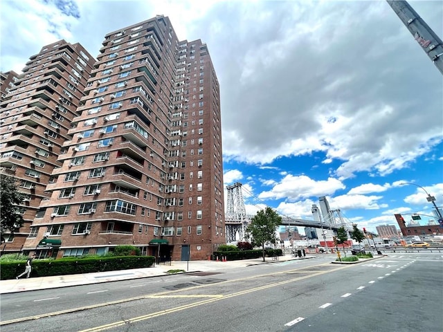 view of building exterior with a city view