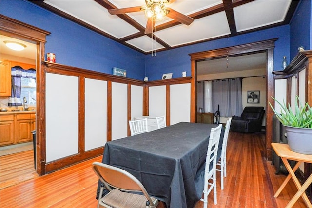 202 Watchogue Rd, Staten Island, NY 10314 - dining area featuring coffered ceiling, hardwood / wood-style floors, ceiling fan, and beamed ceiling